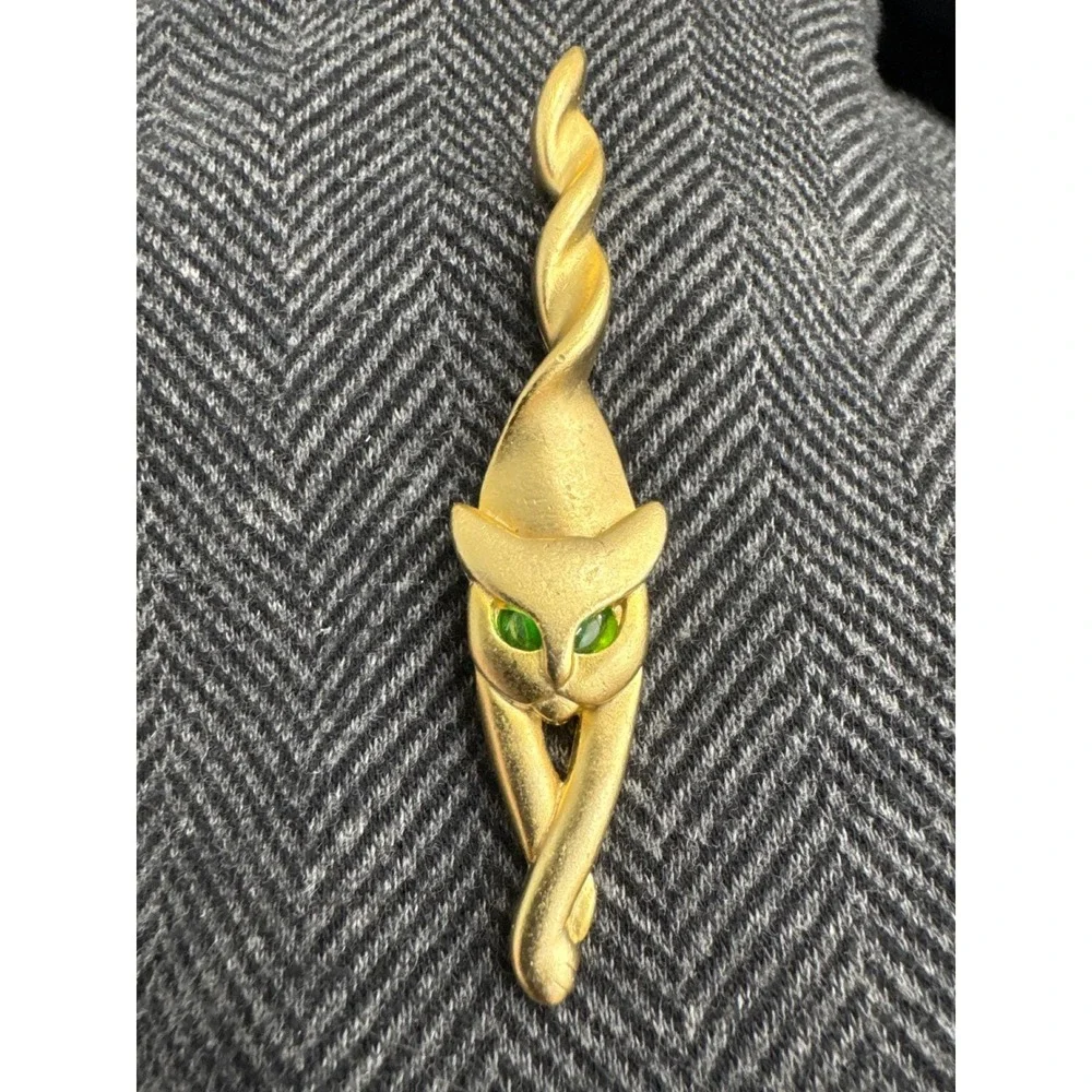 CAJC Brooch Women‎ Gold Excellent Vintage Stylized Cat Green Eyes Pin Whimsigoth